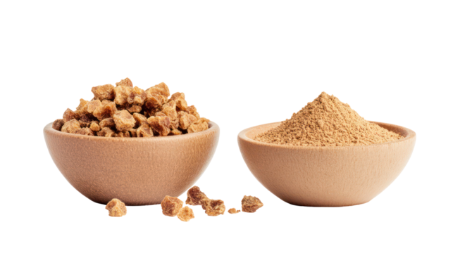 Two bowls of brown sugar cubes and granulated sugar isolated on transparent background