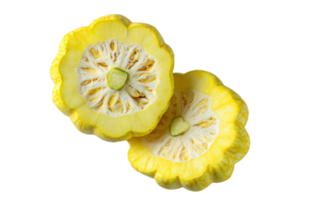Squash's Inner Beauty: A close-up showcases a halved yellow squash, revealing the intricate patterns of the seed-filled core, a symbol of nature's simple and delicious gift.