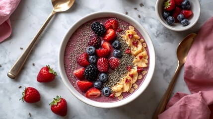 A delightful berry bowl. Featuring an appetizing mix of fresh, vibrant berries and other ingredients