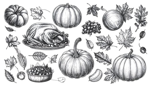 Thanksgiving Feast - A Detailed Sketch of Autumn Harvest.