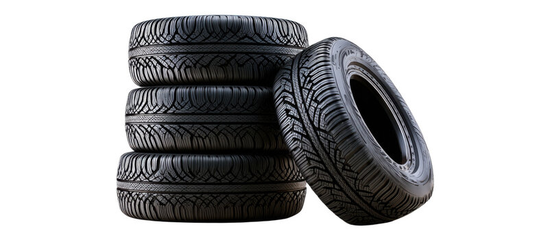 Tyre Stack: A perfectly arranged stack of brand new tyres, offering a glimpse into automotive excellence. Each tyre exhibits unique tread patterns, a symbol of high performance and driving safety.