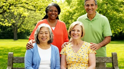 Diverse group of four mature friends laughing together in a green park, two women seated on a bench chatting joyfully while two companions stand behind, smiling and relaxed - Powered by Adobe
