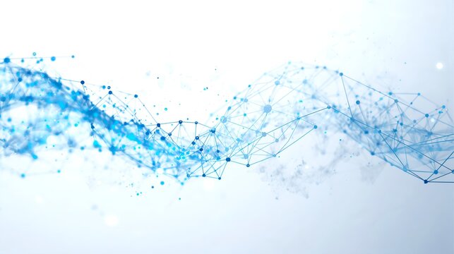 an abstract digital illustration of a network with interconnected points forming a flowing, wave-like shape. The image captures the essence of connectivity and data transfer