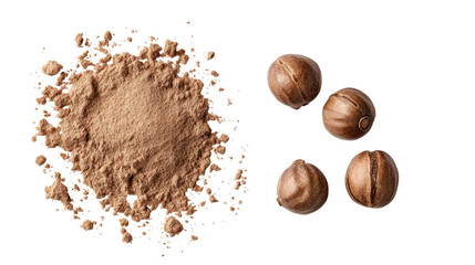 Nutmeg seeds and powder isolated on transparent background