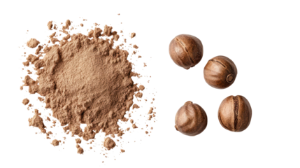 Nutmeg seeds and powder isolated on transparent background