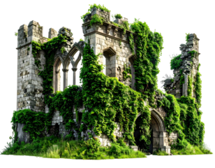 Stone ruins of a gothic-style building, overgrown with green foliage