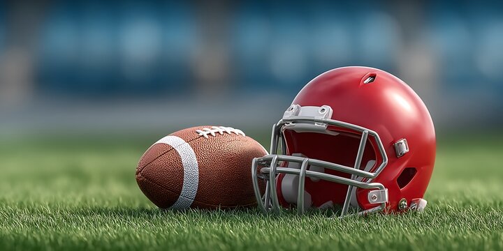 American football helmet and ball on a grassy field