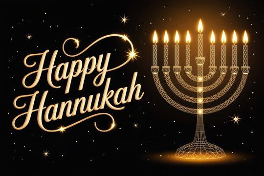 Sparkling golden text happy hanukkah with a glowing menorah and scattered stars on a black background, representing the jewish festival of lights