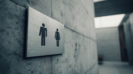 Brushed metal restroom sign on a concrete wall in a modern building