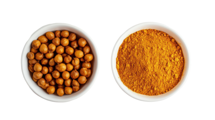 Two white oval bowls of dried chickpeas and split lentils isolated on transparent background