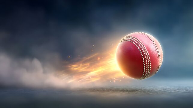Red cricket ball in motion with fiery streaks and smoke