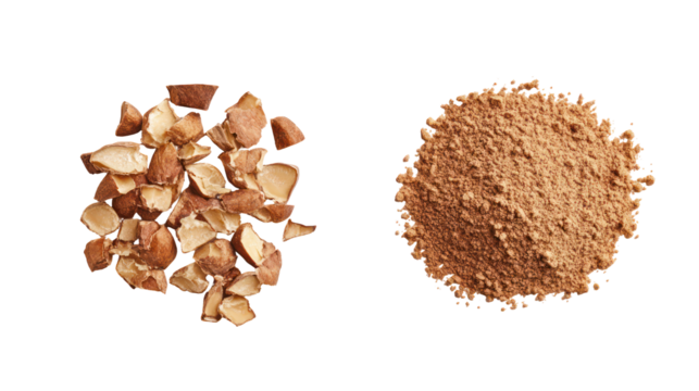 Mace organic arils and mace powder overhead side by side on transparent background