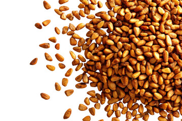 Obraz premium Gourmet Pine Nuts: A close-up shot captures a scattering of roasted pine nuts. These culinary gems are a testament to nature's bounty and culinary excellence