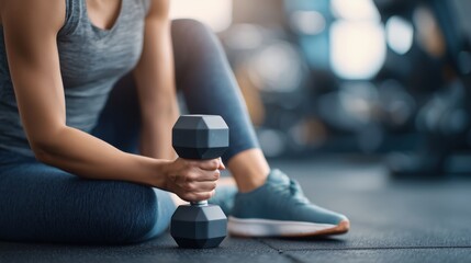 Woman resting after workout, sitting on the floor and holding a dumbbell