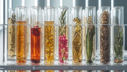 Botanical Essences. Abstract Collection in Glass Vessels, LaboratoryInspired Still Life.