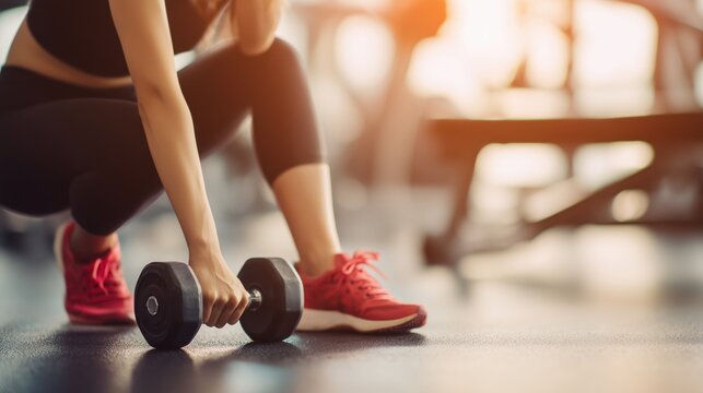 Young woman lifting a dumbbell during a fitness workout at a gym