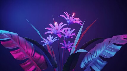 Neon glowing exotic flowers and tropical leaves in dark blue purple pink