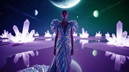 Woman stands gracefully on an alien shore of glowing purple crystals, her avant-garde gown reflected in a liquid surface under a starry cosmic sky with distant planets - Powered by Adobe