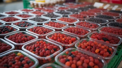 Rows of fresh red and black berries in clear plastic containers red berries raspberries
