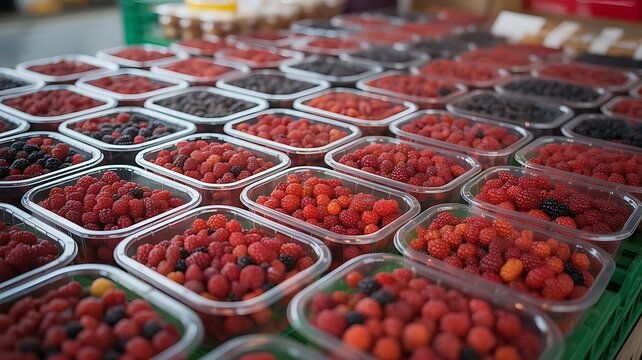 Rows of fresh red and black berries in clear plastic containers red berries raspberries