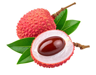 Two exotic fruits, one halved, reveal a dark seed, bright leaves accent