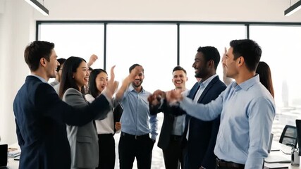 Multi-ethnic business professionals celebrating collaboration and achievement in a modern office, showing unity and teamwork after reaching a common goal - Powered by Adobe