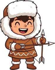 Cartoon child in Arctic clothing holding arrows, vector illustration for polar culture education, traditional tools, and indigenous lifestyle concept © Sagar Creative