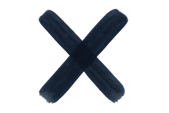 Hand painted dark blue cross mark symbolizing rejection, cancellation, or error on transparent background