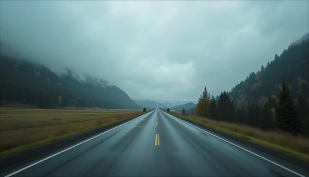 Overcast weather on empty road with mountains and wet pavement  