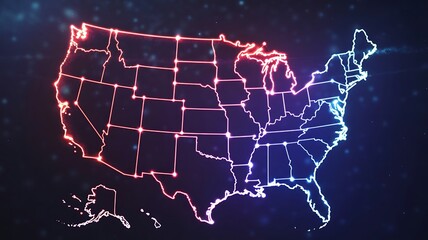 Glowing outline map of the United States with red and blue neon lights United States map