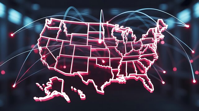 Glowing 3 D map of United States with network connections United States map 3D map - Powered by Adobe