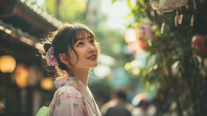 女性が夏の夜、風鈴を見上げて涼やかに微笑む