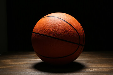Obraz premium Ball for playing basketball on wooden table against black background