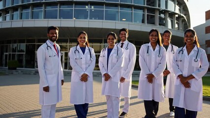Group of doctors wearing white coats and stethoscopes standing at outside hospital building, smiling confidently, teamwork healthcare, medical professionals