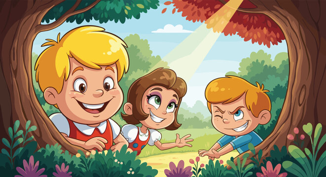 Cartoon children playing outdoors in forest setting, vector illustration for friendship theme, nature exploration, and editorial childhood storytelling content