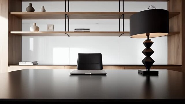 Modern workspace with laptop and geometric lamp creating productive atmosphere for concentration and work, perfect for remote business