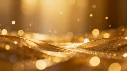 Golden shimmering fabric with bokeh light effects, creating a luxurious and festive atmosphere.
