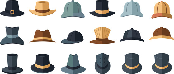 Cartoon collection of 18 unique hats in various styles and colors, vector illustration for fashion, costume, and cultural attire concept