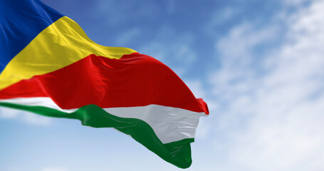 Seychelles national flag waving in the wind on a clear day