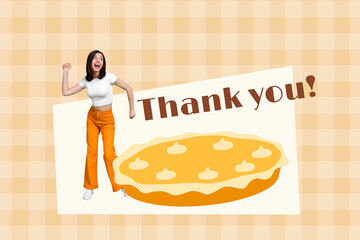 Art sketch 3d image poster collage of happy girl dance thanksgiving holiday celebration pumpkin pie...