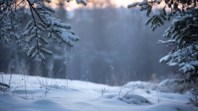 Snow covered pine branches frame a misty winter forest landscape nature