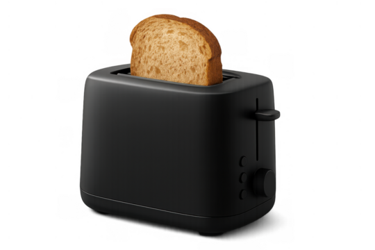 Black toaster making bread toast for breakfast, modern kitchen appliance with a piece of brown bread popping up