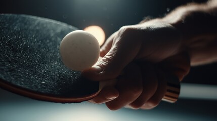 Extreme close-up of a player holding a table tennis ball on a paddle, ready to serve