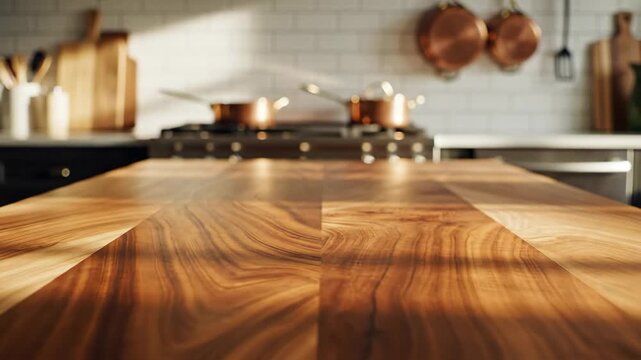 Kitchen Countertop Surface - A close-up shot of a dark walnut kitchen countertop with a blurred background featuring a stove with copper pots.