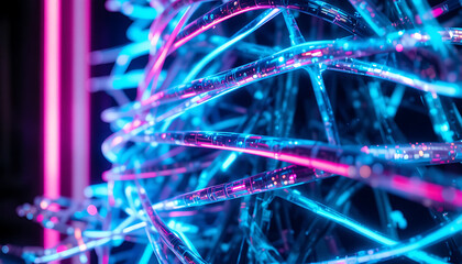 Abstract Neon Light Dna Strand with Blue Pink Colors in Futuristic Style