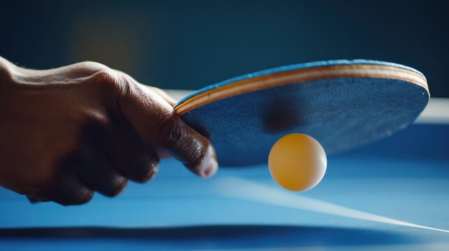 Close-up shot of a table tennis player preparing to serve the yellow ball