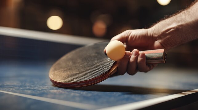 Close-up of a table tennis player holding the yellow ball and paddle ready to serve - Powered by Adobe