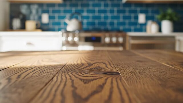 Wooden Tabletop in Modern Kitchen - A close-up shot of a dark wooden tabletop with a blurred modern kitchen in the background.