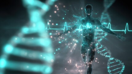 Modern medical visualization combining brainwaves, heartbeat, and DNA in soft light.