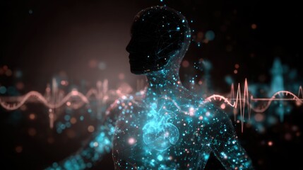 faceless human silhouette with glowing biometric data overlays heartbeat, brainwaves, DNA helix surrounding body, soft cyan light 3D render.